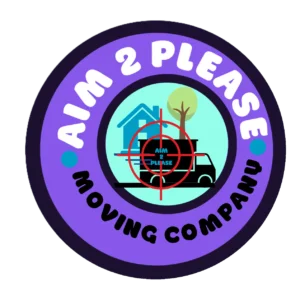 Aim 2 Please Mowing Company circular logo with red mower illustration on purple background