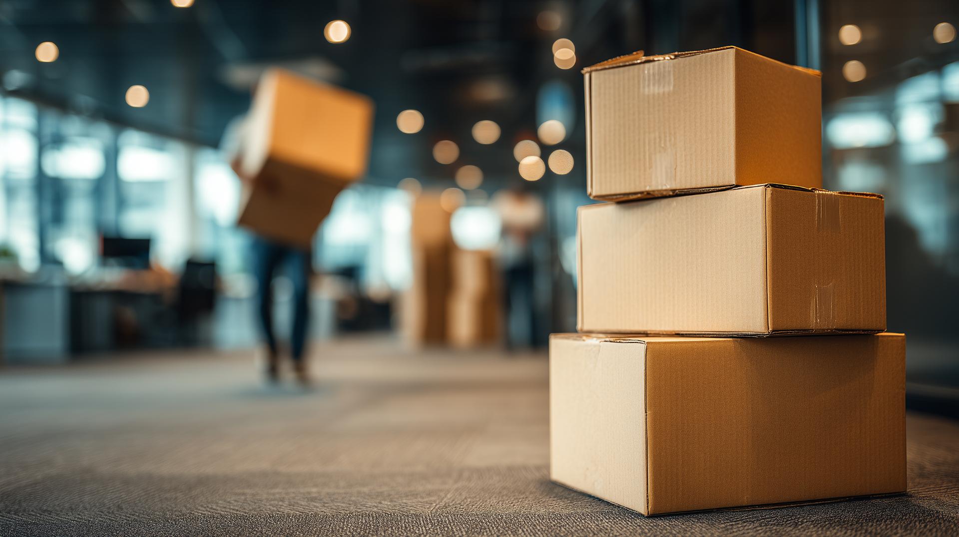 Stack of three cardboard shipping boxes in a warehouse or logistics facility with blurred background