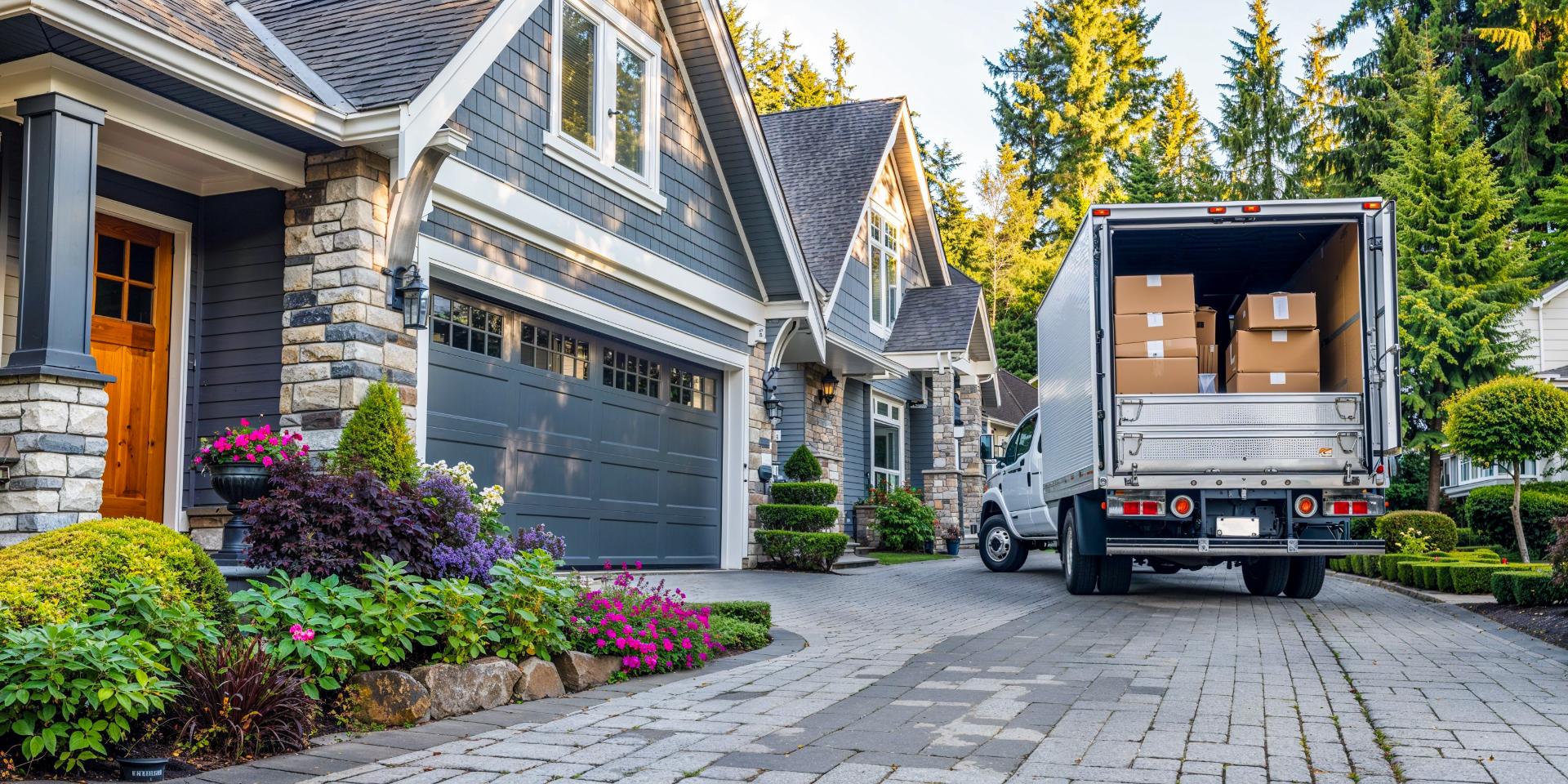 Moving truck loaded with cardboard boxes parked in front of residential home with garage