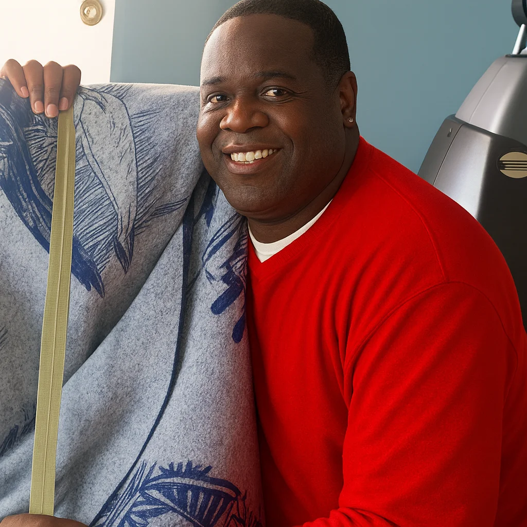 Man in red shirt holding blue patterned blanket, smiling at camera indoors